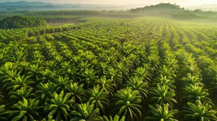 Wall Mural - aerial view panorama of a vast oil palm plantation, emphasizing the orderly patterns of the palm trees and the contrast between the lush green of the palm leaves and the surrounding terrain.