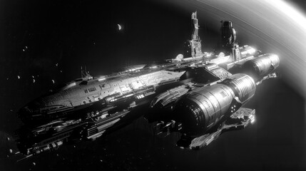 Wall Mural - Capital sized sci-fi spaceship traveling through the galaxy on patrol, starship exploration vessel, cosmic adventure