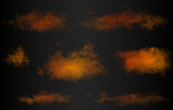 Set of the red, scarlet and orange gradient futuristic colorful smoke cloud. Vector realistic magic color vibrant haze isolated on the semi transparent dark background