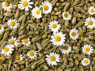 White and yellow daisies bloom in a lush garden meadow under t