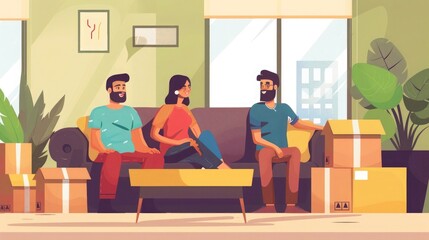Wall Mural - Indian young couple moving into a new house, sitting on the sofa and relaxing while another man is doing furniture arrangement around them with boxes,