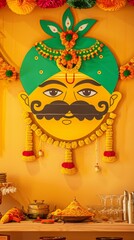 Poster - Indian wedding decoration design with a mustache on the wall, which is painted in yellow and green colors