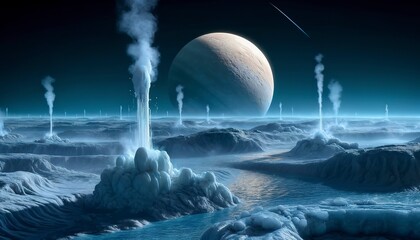 Wall Mural - triton, neptune's moon, close-up of nitrogen geysers and frozen nitrogen lakes, distant neptune blue