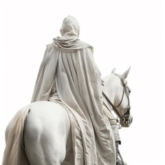 Wall Mural - knight in a cloak on a white horse, white background, back view