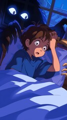 Poster - Monster ghost next to children's bed, Japanese cartoon style