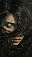 Wall Mural - oil painting 35 year old girl woman, hair blowing in her face, dark background