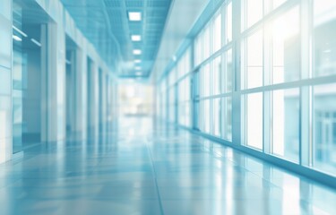 Wall Mural - Abstract blurred hospital corridor background with panoramic windows and white floor, creating a serene medical environment. Ideal for medical concepts and healthcare designs