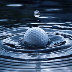 Wall Mural - water drop in the shape of a golf ball in the water floor with around wave from middle navy background