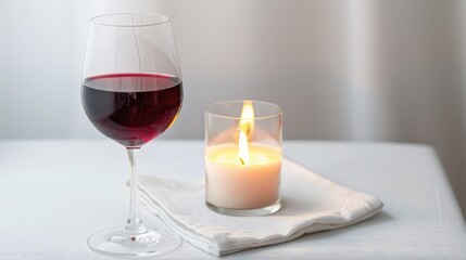 Wall Mural - Red wine in a glass placed on a white napkin next to a burning candle on a white backdrop