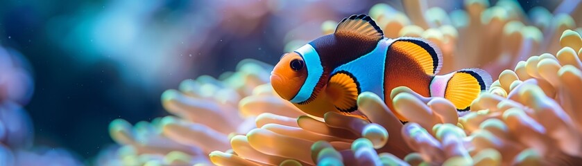 Vibrant clownfish swimming amidst colorful coral reef, showcasing stunning underwater marine life in crystal clear tropical waters.