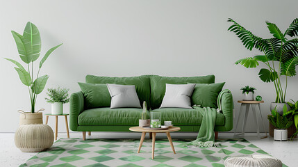 Wall Mural - Green sofa and decor in living room on white background