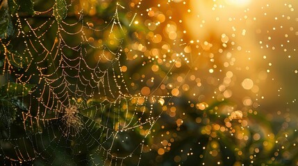 Glistening dewdrops on intricate spider webs in early morning light