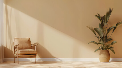 Wall Mural - Living room wall mockup with leather armchair and decor on cream color wall background