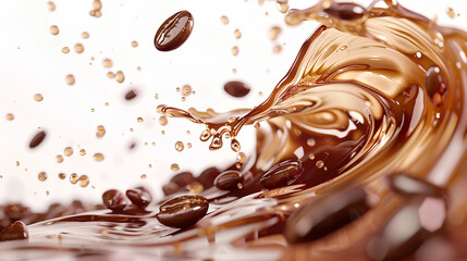 Poster - Milk Brown coffee liquid swirl splash and little bubbles with falling coffee Beans isolated on white background, liquid fluid element flowing in form of wave