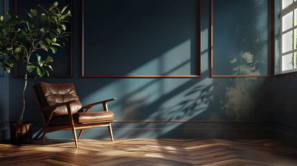 Wall Mural - Modern interior of living room with leather armchair on wood flooring and dark blue wall