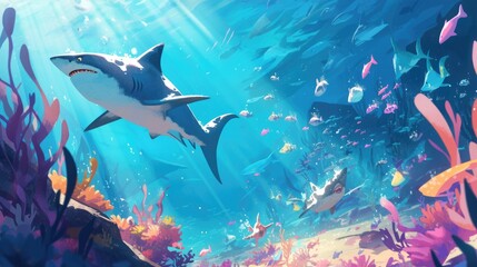 Wall Mural - In this captivating ocean tale for kids a vibrant cartoon shows two cunning sharks on the prowl for their next meal beneath the waves