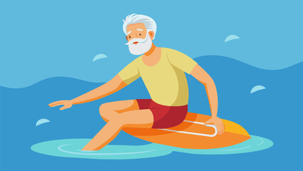 A man in his 90s holds onto a flotation device slowly pedaling his legs back and forth as he exercises his arthritic knees in a warm water pool.. Vector illustration