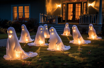 A group of glowing ghost decorations adorns a suburban lawn at night, creating a spooky and festive Halloween atmosphere.