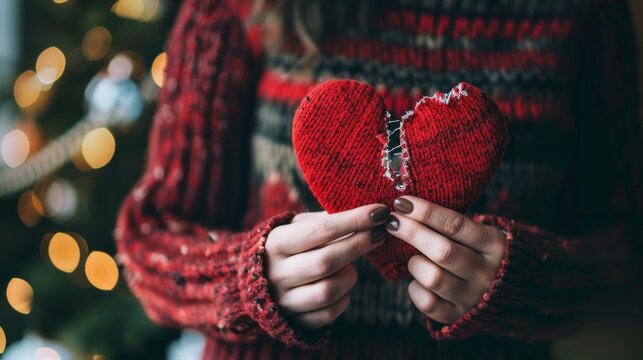 A person holding up a red heart with two pieces torn off, symbolizing the end of their romantic relationship during the Christmas season. The photo is in the style of an anonymous artist. 