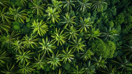 Top view. Aerial view panorama of a vast oil palm plantation, emphasizing the orderly patterns of the palm trees and the contrast between the lush green of the palm leaves and the surrounding terrain.