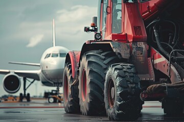 A red truck is parked beside a jet airplane on a tarmac, showing the contrast in size between the two vehicles