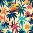 © 9Thaweekiat - Colourful Retro Tropical palm trees silhouettes , Island , Leaves , flower repeat in retro style. Vector art Hand drawn illustration for summer design, print, exotic wallpaper, textile, fabric