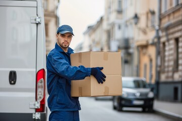 A young man in a blue overalls was carrying boxes from a truck to his office, and he stood next to two white delivery trucks with Spaces for copying words on the street.