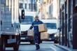 © SHI - A young man in a blue overalls was carrying boxes from a truck to his office, and he stood next to two white delivery trucks with Spaces for copying words on the street.