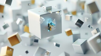 Wall Mural - A white cube with gold and blue details is floating in the air, surrounded by other cubes of different sizes made from silver foil paper. The background color should be pure white, and there must not 