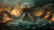 © Premium Resource - illustration of mythical creature known kraken tentacles of immense size razorsharp teeth power drag ships sailors watery grave depths of the ocean where ancient secrets lie buried beneath the waves