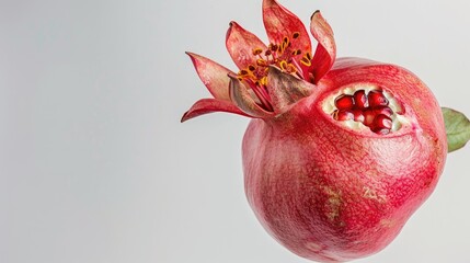 Poster - Pomegranate fruit served inside a split open flower against a white background