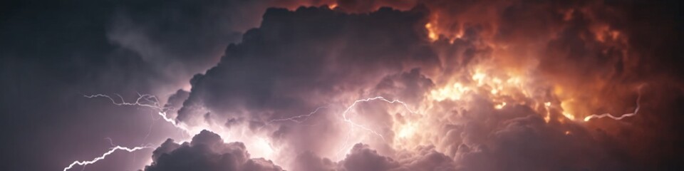 Wall Mural - Panoramic view, abstract lightning with fire in cloudy background