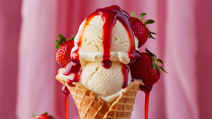 Wall Mural - Delicious creamy vanilla ice cream in waffle cone with pouring strawberry sauce over it on pink background.