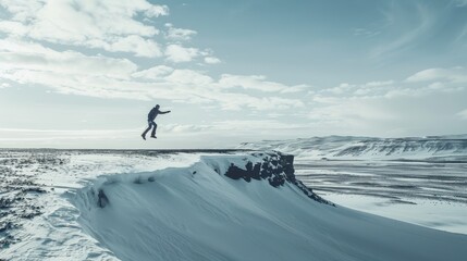 Wall Mural - A climber jumped very high in a snowy flat landscape. The landscape is in the form of a plain. Commercial photography, commercial concept. Minimalistic photography style, landscape view, landscape pho