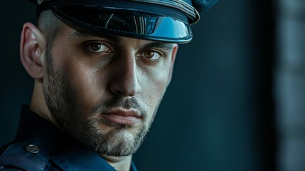 Wall Mural - A man in a police uniform is wearing a hat and looking at the camera