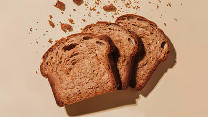 Wall Mural - Slices of freshly baked sourdough rye bread with crumbs flying in the air on pastel beige background. Baking concept.