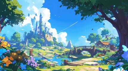 Wall Mural - immerse yourself in a whimsical world of cartoon scenes featuring lush forests enchanting castles an