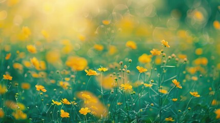 Canvas Print - Yellow and green flower field blossoming in the spring