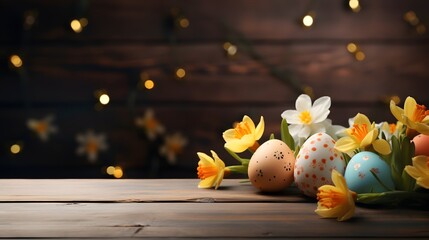 Wall Mural - Wooden table with Easter or spring theme. Eggs and colorful flowers with copy space. Generative AI