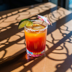 Wall Mural - Tequila sunrise cocktail with a slice of lime in a glass. Bright sunlight leaks shadows