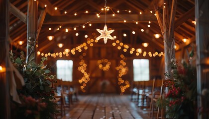Wall Mural - Traditional wedding ceremony in a rustic barn, adorned with fairy lights and rustic decor, creating a warm and enchanting atmosphere