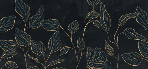 Wall Mural - luxury botanical art background with exotic leaves and flowers in golden line art style. hand drawn 