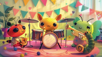 Wall Mural - A cute band of tiny cartoon animals performing at a children's party, featuring a ladybug on drums, a butterfly with a xylophone, and a caterpillar playing the trumpet.