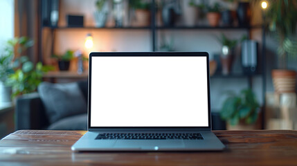 Wall Mural - A laptop is open on a wooden desk in a room with a potted plant and a couch