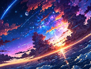 Wall Mural - abstract Anime Beautiful cloud Space background with stars and planets fantasy drawing sky cloudy blue purple galaxy