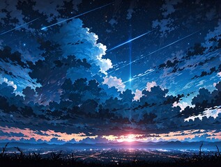 Wall Mural - abstract Anime glowing in night sky midnight cloudscape with stars shimmering in darkness mysterious nighttime, skyline background