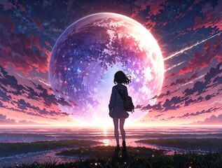 Wall Mural - abstract Anime Girl on a purple cloud sea towards a pink planet glow illuminates the star sky