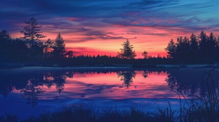 Wall Mural - Vibrant Sunset Over Forest Lake