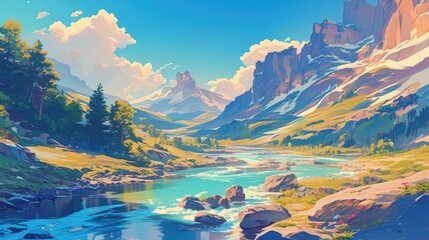 Canvas Print - A picturesque mountain river flows in isolation its crystal clear waters coursing swiftly through a stunning mountain backdrop in this vibrant 2d illustration