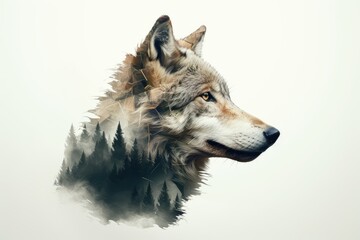  Double exposure of a wolf with a forest inside its head